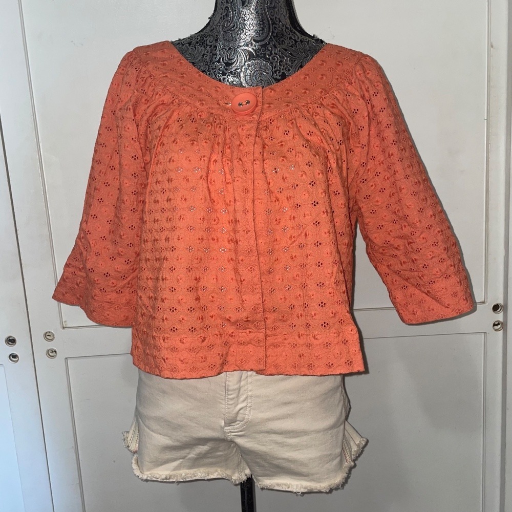 Apt. 9 Eyelet Cropped Large‎ Jacket Button Front 3/4 raglan Sleeve Coral Orange